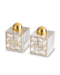 Pair of Crystal Salt & Peper Holders with Laser Cut Plaque
