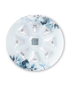 Elegant Glass Rosh Hashana Plate 35 cm - Blue