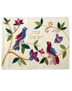 Raw Silk Appliqued Challa Cover - Pair birds gold