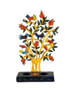 Painted Metal Lazer Cut shabbat Candlesticks - Birds Tree