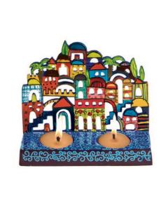 Painted Metal Lazer Cut shabbat Candlesticks - Jerusalem