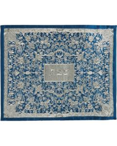 Full Embroidered Challah Cover - Oriental in Blue Silver
