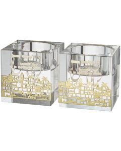 Crystal Tealight Holders w/ Gold Jerusalem Design-5cm