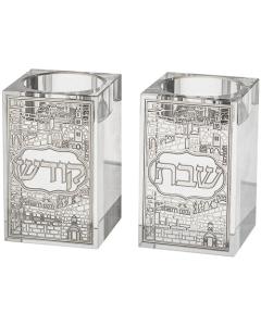 Crystal Tealight Holders w/ Silver Jerusalem Design-8cm
