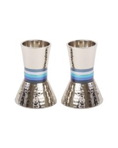 Hammered Short Candlesticks - Blue Rings  - Yair Emanuel Collection