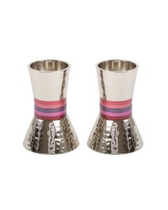 Hammered Short Candlesticks- Red Rings - Yair Emanuel Collection