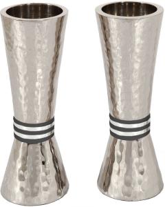 Emanuel Conical Shaped Nickle Hammered Candlesticks - Black Rings