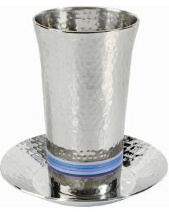 Nickel Hammered Kiddush Cup and Plate - Silver/ Blues - Yair Emanuel Collection