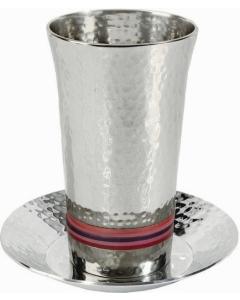 Nickel Hammered Kiddush Cup and Plate - Silver/ Reds - Yair Emanuel Collection
