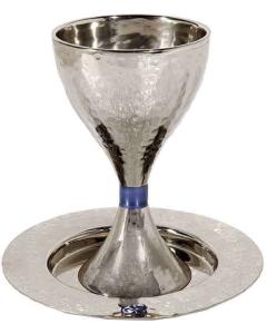 Nickel/ Anodized Hammered Kiddush Cup Modern - Blue Ring - Yair Emanuel Collection
