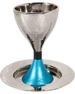 Nickel/ Anodized Hammered Kiddush Cup Modern - Turquiose Pedastal - Yair Emanuel Collection