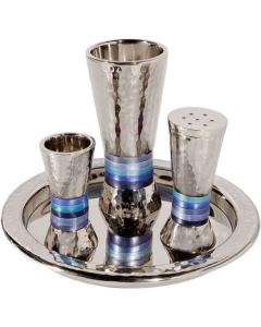 Nickel Havdalah Set - Hammered Conical Shape- Blue Rings -Yair Emanuel Collection