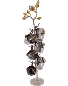 Set of 6 Hammered Liquor Cups on Pomegranate Branch Stand - Yair Emanuel Collection