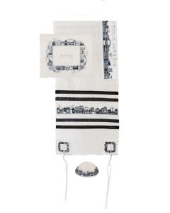 Embroidered Tallit Jerusalem Design- Black (Yair Emanuel Collection)