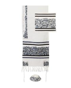 Embroidered Tallit Jerusalem Design- Black #2 (Yair Emanuel Collection)