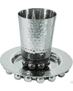 Alluminum Kiddush Cup and Plate with Beads - Silver - Yair Emanuel Collection