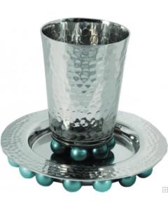 Alluminum Kiddush Cup and Plate with Beads - Blue - Yair Emanuel Collection