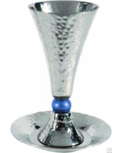 Alluminum Kiddush Cup and Plate with Single Bead - Blue - Yair Emanuel Collection