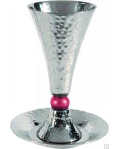 Alluminum Kiddush Cup and Plate with Single Bead - Red - Yair Emanuel Collection