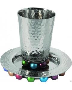 Alluminum Kiddush Cup and Plate with Beads - Multicolored - Yair Emanuel Collection