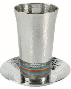 Nickle/ Anodized Alluminum Hammered Kiddush Cup and Plate Silver/ Multicolor - Yair Emanuel Collection