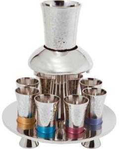Nickle Hammered Kiddush Fountain + Goblet + 8 Cups - Multicolor