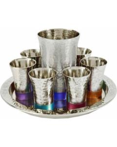 Nickle Hammered Kiddush Set with Tray - Silver/ Multicolor (Set)