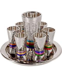 Nickle Hammered Kiddush Set Cone Shape- Multicolor Rings (Set)