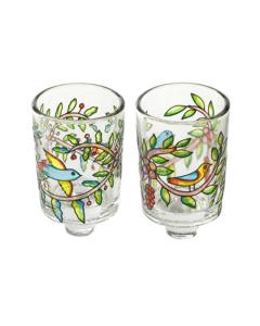 Painted Glass Candle Holder - Pair - Birds and Flowers