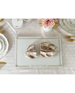 Glass Challah Board with Chain Design Embroidered Leatherette