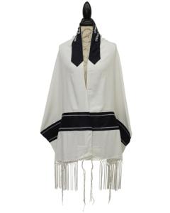 Viscose Tallis - Galilee - Navy/Silver With Macrame Fringes