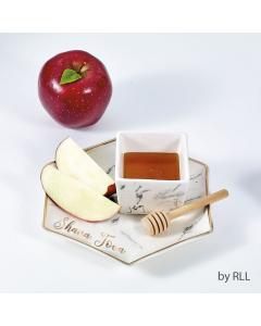 Hexagon Shaped Porcelain Apple & Honey Dish Set, Marbled Look