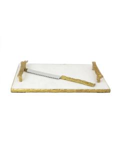 White Marble Challah Tray with Gold Crumbled Handles and Knife