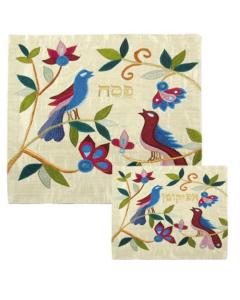 Raw Silk Matzah/ Afikomen Cover Set -  Birds White