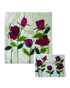 Raw Silk Matzah/ Afikomen Cover Set - Roses White