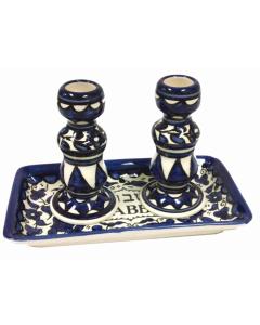 Ceramic Armenian Blue Candlesticks with Tray (Flowers)
