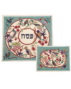 Embroidered Matzah Cover Set - Birds Blue