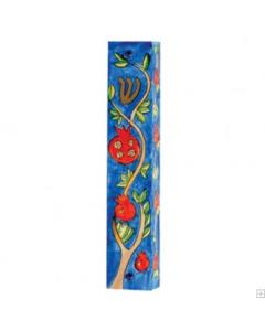 Large Wooden Mezuzah - Pomegranates Blue