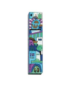 Large Wooden Mezuzah - Jerusalem Blue