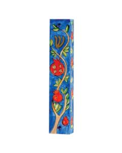 Small Wooden Mezuzah - Pomegranates Blue