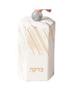 Hexagon Ceramic Tzedakah Box , Gold Accents