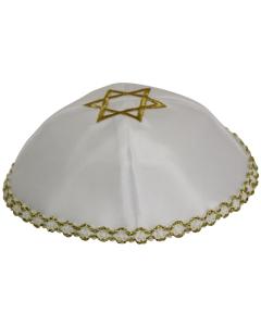 Satin Kippah - White With Gold Trim & Star Of David
