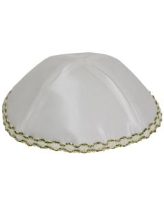 Satin Kippah - White With Gold Trim