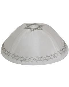 Satin Kippah - White With Silver Trim & Star Of David