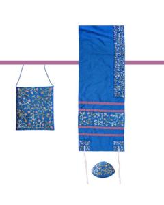 Embroidered Raw Silk Tallit  - Tallisack  - Flowers (Blue) - Yair Emanuel Collection