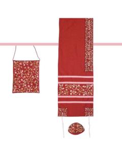 Embroidered Raw Silk Tallit  - Tallisack  - Flowers (Maroon) - Yair Emanuel Collection