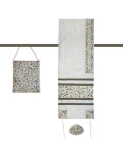 Embroidered Raw Silk Tallit  - Tallisack  - Flowers (White) - Yair Emanuel Collection