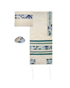 Embroidered Raw Silk Tallit  - David Star Rainbow (Blue) - Yair Emanuel Collection