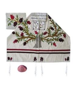 Embroidered Raw Silk Tallit  - Tree of life (White)- Yair Emanuel Collection