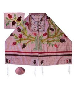 Embroidered Raw Silk Tallit  - Tree of life (Pink)- Yair Emanuel Collection